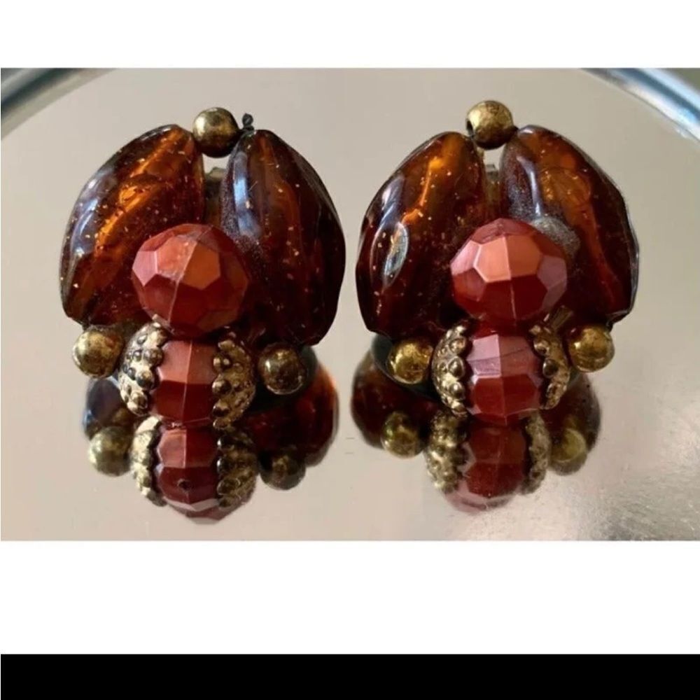 Vintage amber/orange/gold beaded‎ clip on earrings